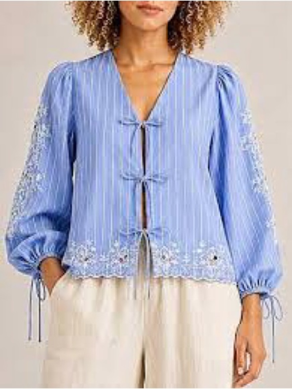 Blue Stripe Embroidered Tie-Front Blouse by